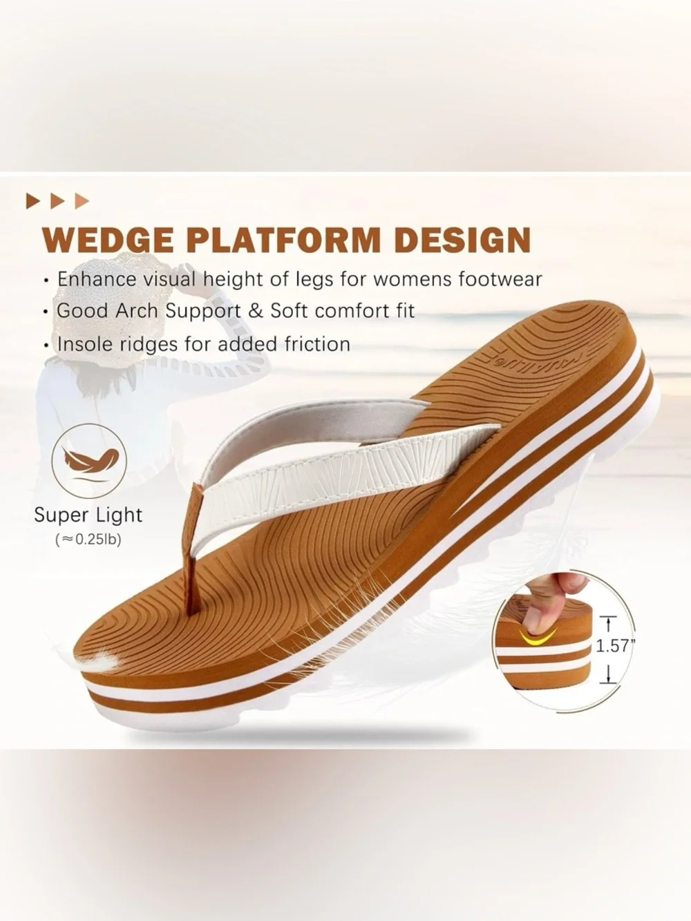 Kuailu White and Brown Platform Thong Sandals